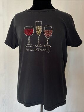 Jerzees Group Therapy Wine Bling Tee Rhinestone Graphic Girls Night Funny Large